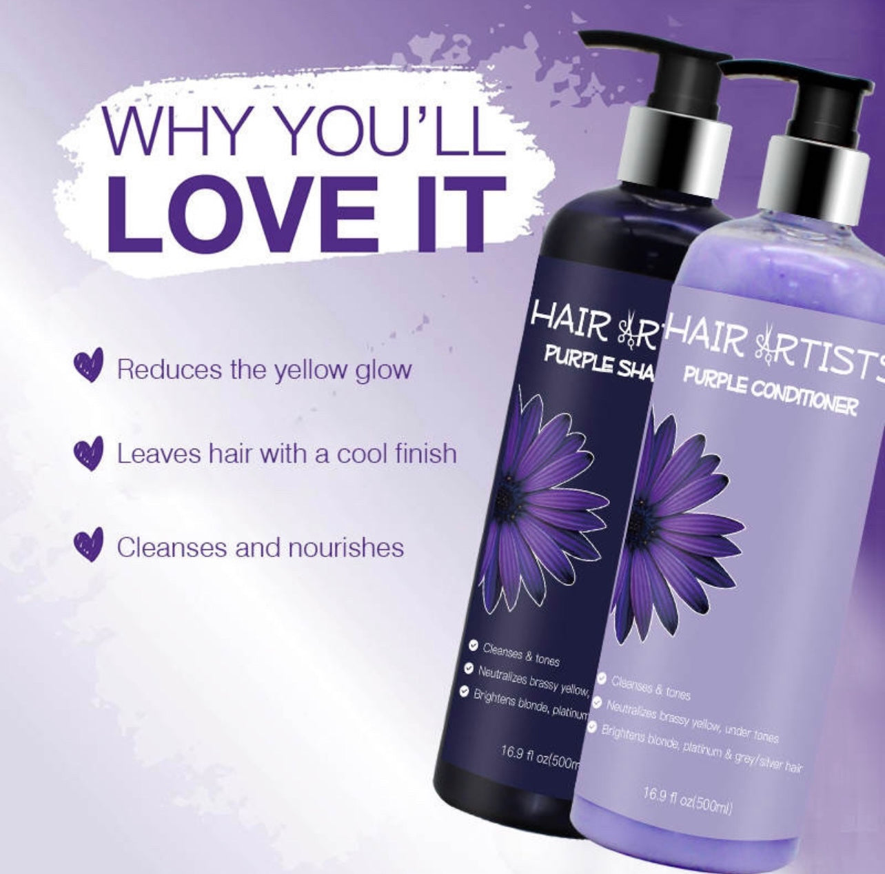 Hair Artists Purple Shampoo & Conditioner with FLIP Caps - Citrus & Vanilla Scent for Toning Yellow & Brassy Tones, Brighter Blonde & Silver Gray Hair Salon Haircare
