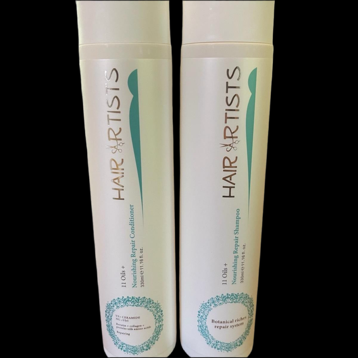 Hair Artists Nourishing Repair shampoo & conditioner Keratin, Collagen, & Silk Amino Acids Cleansing healing Paraben & Sulfate free naturally rich in several Vegetable Proteins & Plant Extracts Repair & Strengthen lifeless Hair. Removes Excess Sebum.