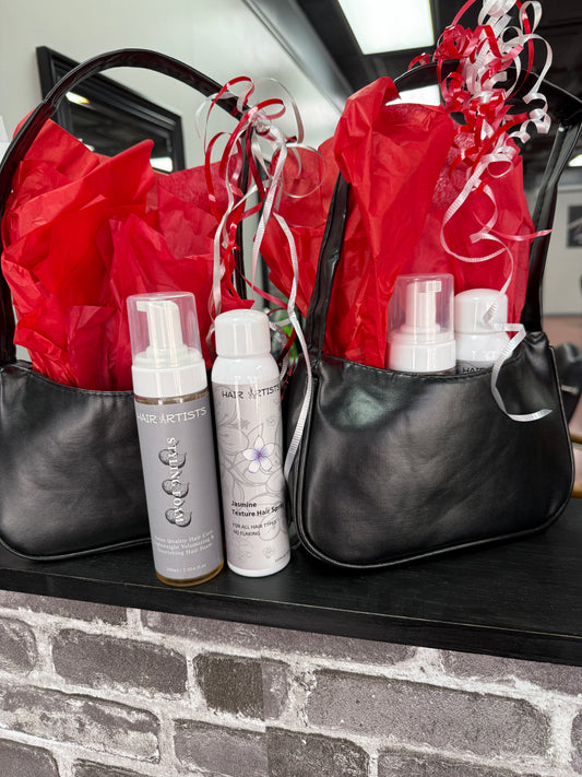 Black bag purse Valentine gift set with 2 haircare products