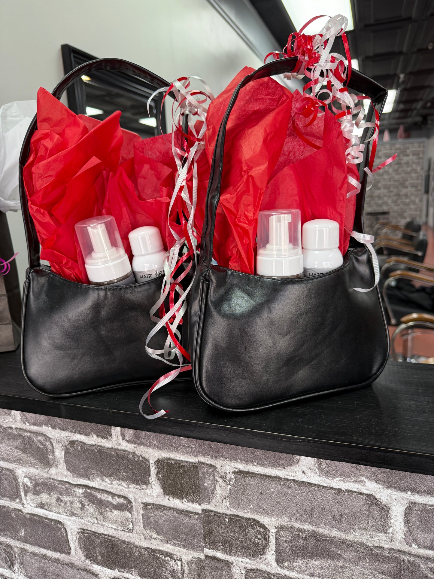 Black bag purse Valentine gift set with 2 haircare products