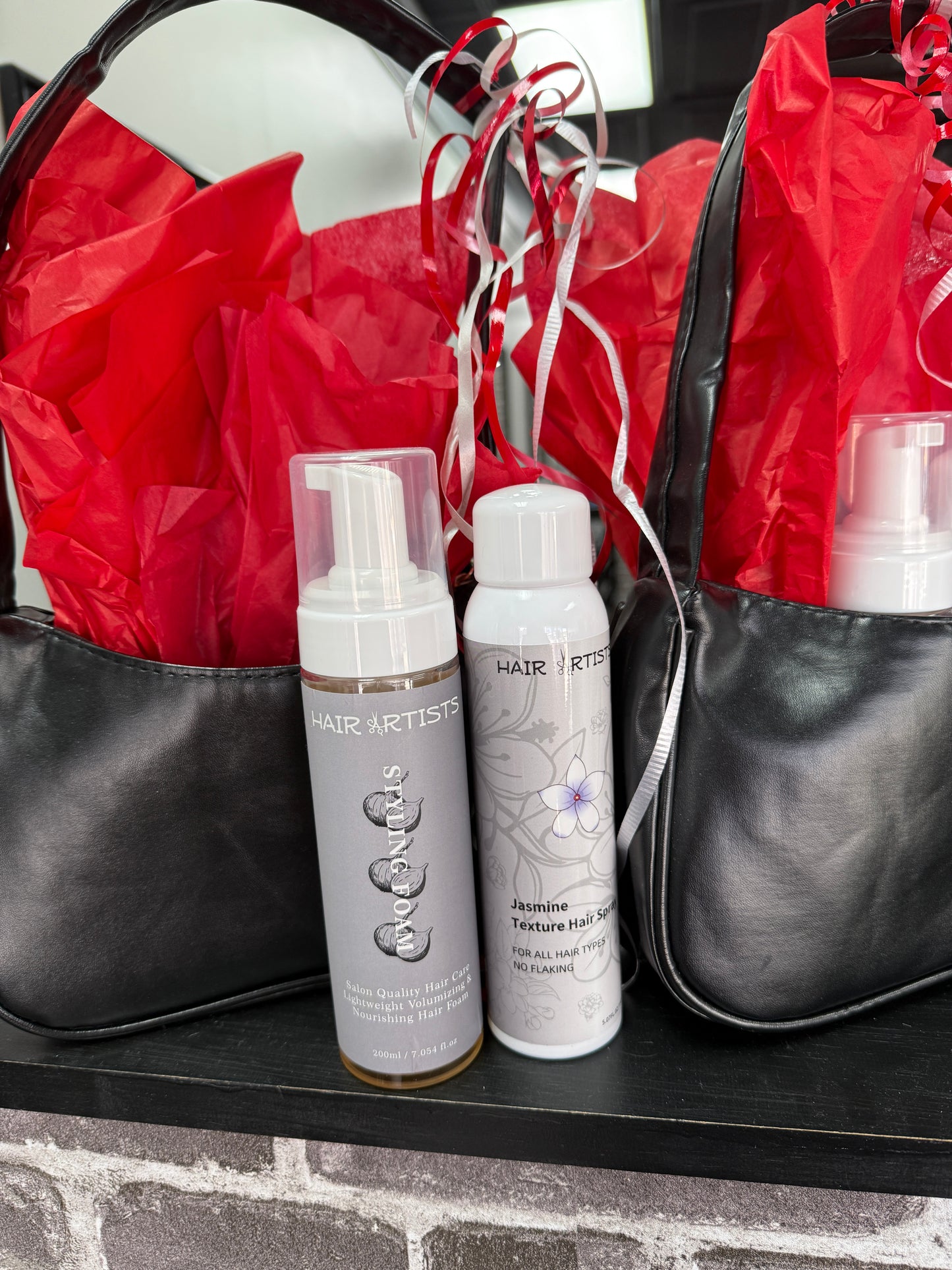 Black bag purse Valentine gift set with 2 haircare products