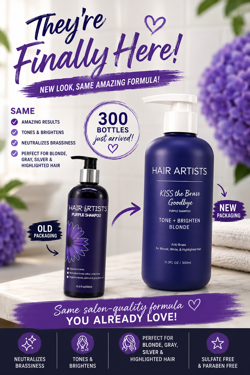 Hair Artists Purple Shampoo with- Citrus & Vanilla Scent for Toning Yellow & Brassy Tones, Brighter Blonde & Silver Gray Hair Salon Haircare